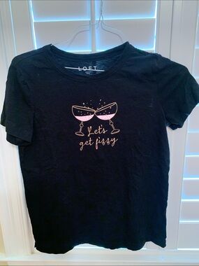 LOFT Black Graphic Tee with Pink Champagne Illustration